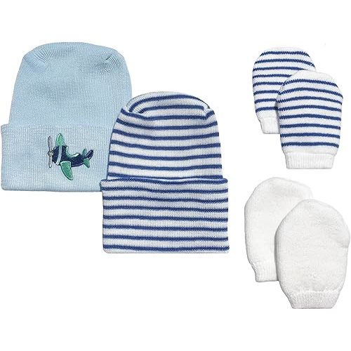 Newborn Baby Boy 2 Pack Navy & Blue Airplane Hats with 2 Pairs of Mittens by Nurses Choice