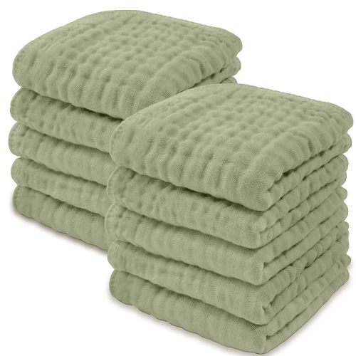 Baby Washcloths, Muslin Cotton Baby Towels, Large 10”x10” Wash Cloths Soft on Sensitive Skin, Absorbent for Boys & Girls, Newborn Baby & Toddlers Essentials Shower Registry (Sage, Pack of 10) - 10-Pack 10"X10"