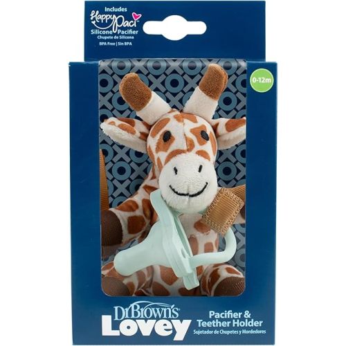 Dr. Brown's Baby Lovey Pacifier & Teether Holder, 0-12m, Giraffe with Light Green HappyPaci, 100% Silicone, 0-6 m (Packaging May Vary)