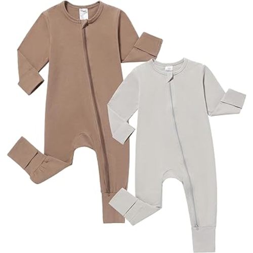 JunNeng 2 Pack Footless Long/Short Sleeve Baby Romper with Zipper Cotton Infant Sleepwear