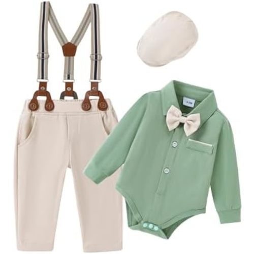 ZOEREA Baby Boy Suit 0-24M Gentleman Outfit Clothes Set Infant Long Sleeve Dress Shirt+Suspender Pants+Bowtie+Beret Hat