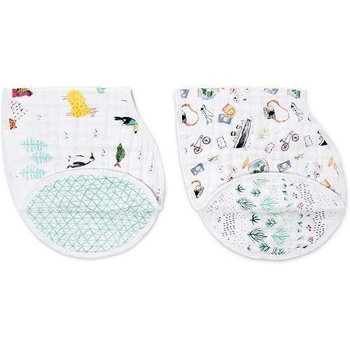 aden + anais Burpy Bib, 100% Cotton Muslin, Soft Absorbent 4 Layers, Multi-Use Burp Cloth and Bib, 22.5" X 11", 2 Pack, Around The World