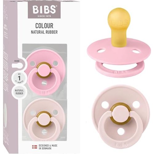 BIBS Colour Pacifier, 0-6 Months, 2-Pack, Round Nipple, Petal/Baby Pink