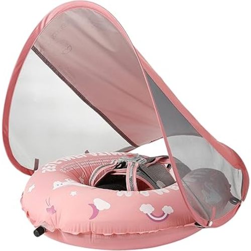 Mambobaby Float Self-Inflating Baby Pool Float with Canopy - AnjeeIOT Newest Compressible Pool Swim Float Infant Soft Solid Swimming Trainer with Removable UPF 50+ UV Sun Protection Canopy, Pink