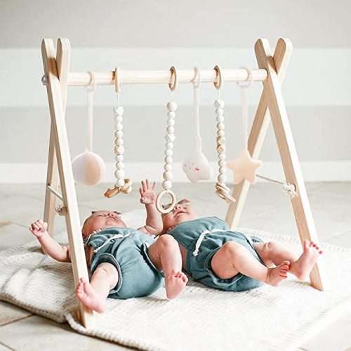 funny supply Wooden Baby Gym with 6 Gym Toys Foldable Baby Play Gym Frame Activity Center Hanging Bar Newborn Gift - Wooden Play Gym