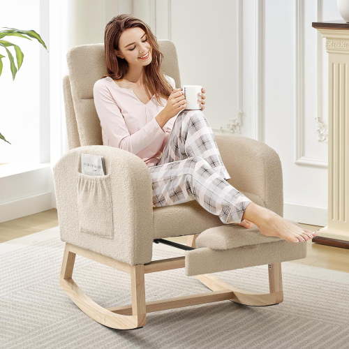 Soonbuy Rocking Chair with Foot Rest, Modern Teddy Glider Rocking Chair with Wood Legs and Side Pocket, Upholstered Rocker Accent Armchair for Nursery, Living Room, Bedroom, Beige/Grey/Brown