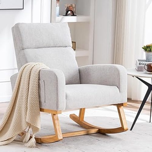 Rocking Glider Chair Nursery, Nursing Rocker Armchair with Rubber Wood Legs and Side Pocket for Living Room, Bedroom, Grey