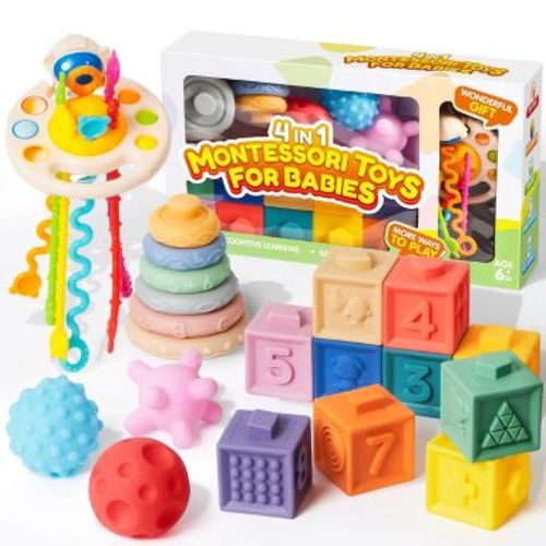 Joyfy Montessori Toys for Baby 0-3-6-12 Months, 4-in-1 Food-Grade Sensory Toys, Infant Stacking Circles Teether, Learning Gifts for Baby Girls Boys