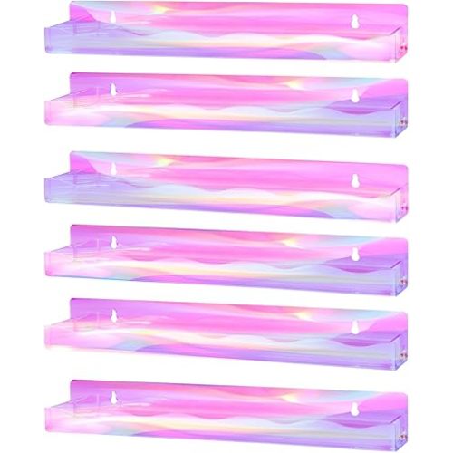 6 Packs Iridescent Nail Polish Wall Mounted Organizer, 15" Rainbow Floating Shelves, Acrylic Nail Polish Wall Rack for Paint, Tattoo Ink, Essential Oils, Makeup Storage Display Stand
