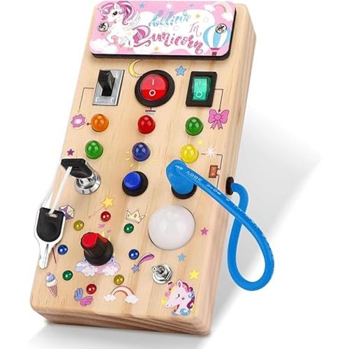 Hoarosall Unicorn Wooden Busy Board Sensory Toys with 8 LED Light switches,Christmas Travel Toys Montessori Toys for 1 Year Old Babies Toodler