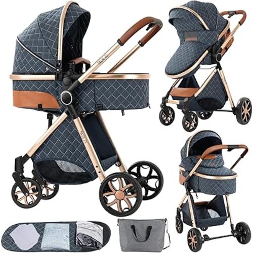 2 in 1 Baby Stroller with Bassinet Reversible Portable Standard Baby Stroller Convertible Pushchair Infant Buggy Baby Carriage Foldable High Landscape Pram for Toddler Newborn (2USV9-BLUE)