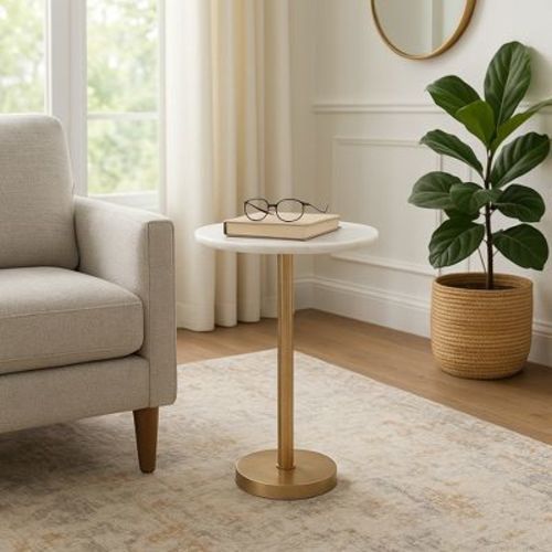 Elegant End Table, Side Table, or Night Stand for Room Decor - Bold Hammered Metal Bedside Table with Polished Marble Top for Small Spaces - 25" White