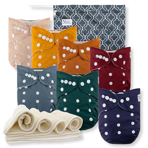 Nora's Nursery Cloth Diapers 7 Pack with 7 Inserts & 1 Wet Bag - Waterproof Cover, Washable, Reusable & One Size Adjustable Pocket Diapers for Newborns and Toddlers-Pacific Neutrals