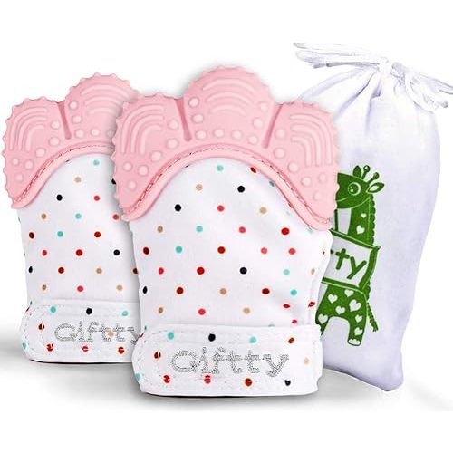 Giftty Baby Teething Mitten, Self-Soothing Teether Glove, Pain Relief Silicone Mitt, Double Breathable, Stay on Baby's Hand, Unisex for Babies 3-12 Months(2 Pink Mittens)