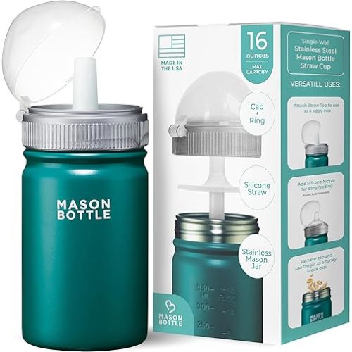 Mason Kids Jar 16oz Stainless Steel Sippy Cup with Lid and Straw - BPA-Free, Spill Proof Green