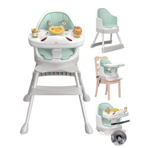 Baby High Chair, 8-in-1 Convertible High Chair, Booster Seat for Dining Table with Removable Tray and Buckle Strap, Music & Lights for Sensory Exploration, Baby Floor Seat with Wheel, 6-36 MOS (Green)
