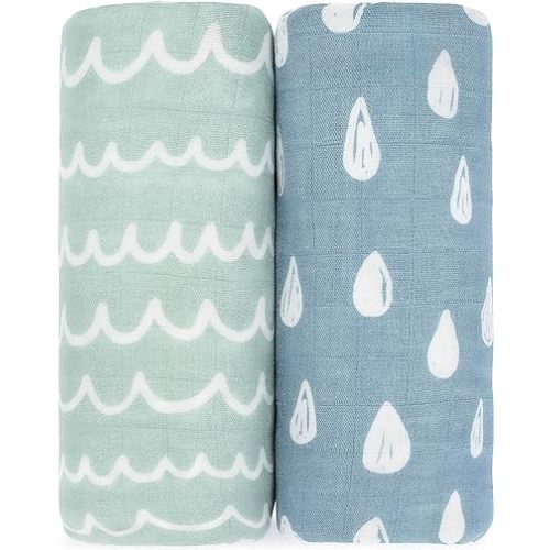 Comfy Cubs Muslin Swaddle Blankets Pack of 2 - 47 x 47 Inch Soft Cotton Baby Blanket Set, Large Multipurpose Wraps for Newborns - Self-Soothing Swaddles for Newborns - Rain & Doodle