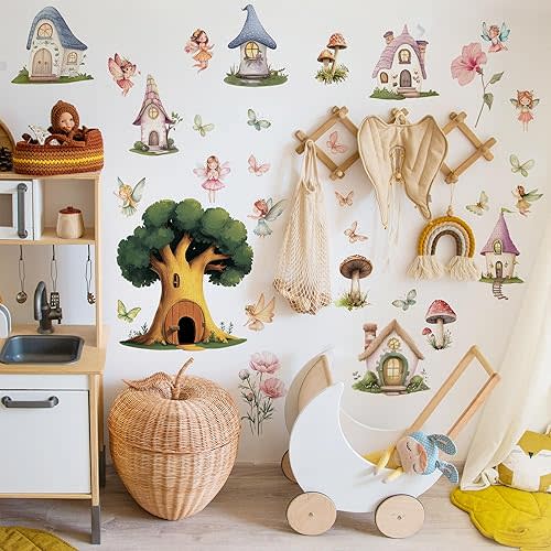Woodland Mushroom Wall Decals,Flower Fairy Butterfly Decor Decal,Fairy Butterfly Forest Peel and Stick Room Art Stickers，for Girls Bedroom Baby Nursery Kids Room Wall Decor.