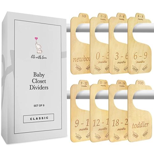 Baby Closet Dividers (Classic) by Eli with Love - 8 Premium Wood Double Sided Baby Closet Size Dividers - Ideal Baby Clothes Dividers for Closet – Organize Nursery Closet Hangers by Size/Age - Minimal