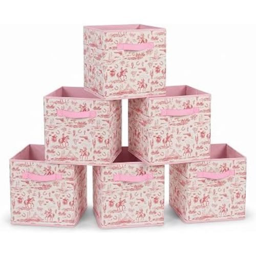 6 Pcs Pink Western Cube Storage Bins 12.5 Inch Cowgirl Storage Basket with Handle, Preppy Girls Organizer Basket, Collapsible Fabric Box for Classroom Bedrooms Office Home Decoration (Pink western)