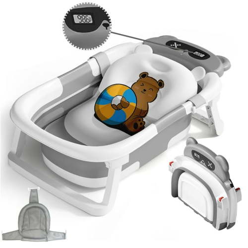 stusgo Collapsible Baby Bathtub,baby Bath Tub with Soft Cushion & Thermometer(Grey)