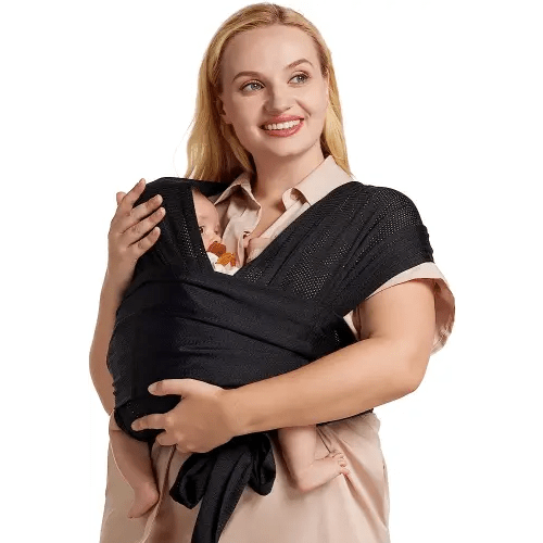Momcozy Adjustable Buckle Baby Wrap Carrier Cooling Air-Mesh, Easy to Wear Baby Carrier Sling, Baby Carriers Newborn to Toddler 8-35lbs, Suit for Waist 47-57inch, Plus Size Black
