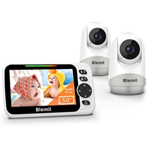 Blemil Baby Monitor,5" Large Split-Screen Video Baby Monitor with 2 Cameras and Audio, Remote Pan/Tilt/Zoom, Two-Way Talk, Room Temperature Monitor, Auto Night Vision, Power Saving/Vox, Lullabies