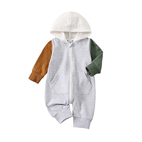 BemeyourBBs Newborn Baby Boy Clothes Color Block Long Sleeve Zipper Hooded Romper with Pocket Fall Winter One Piece Outfits