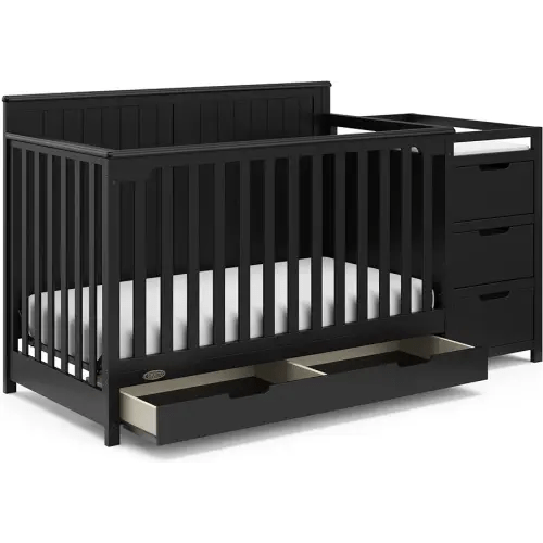 Graco Hadley 5-in-1 Convertible Crib and Changer with Drawer (Black) – GREENGUARD Gold Certified, Crib and Changing -Table Combo with Drawer, Includes Baby Changing Pad, Converts to Full-Size Bed
