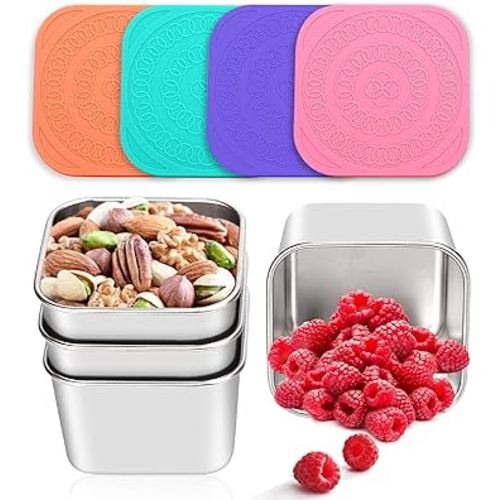 Haldane 4Pack Stainless Steel Snack Containers for Kids, Leak-Proof Metal Food Storage Containers Easy Open Stackable Mini Lunch Box for Daycare School Travel, Metal Snack Cups for Toddlers (6oz)