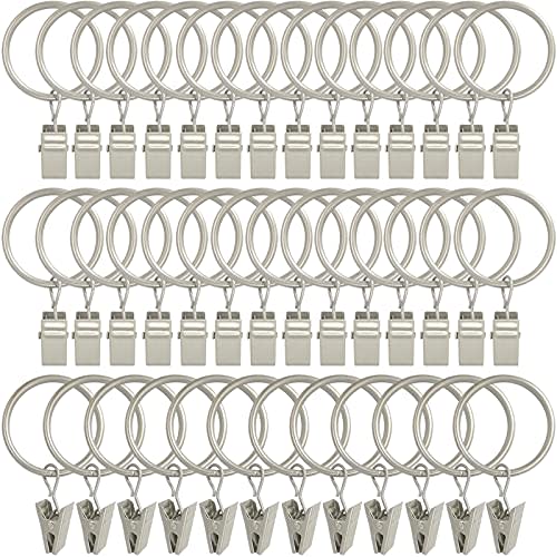 LLPJS 40 Pack Curtain Rings with Clips, Curtain Clip Rings Hooks, Bow Hanger Clips for Hanging Drapery Drapes Bows, Ring 1.26 inch Interior Diameter, Fits up to 1" Rod, Matte Silver
