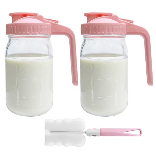 2 PACK Breast Milk Pitcher 32OZ Glass Breastmilk Pitcher with Lids Leak-proof Wide-mouth Mason Jar for Breastmilk, Resistant to Heat or Cold, Freezer-safe(Pink)