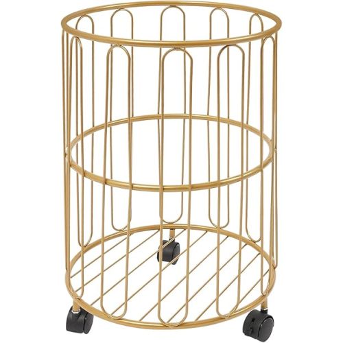 Laundry Hamper with Wheels,Round Metal Laundry Basket Cart,Portable Laundry Hamper Sorter Cart,Bathroom Dirty Clothes Basket Toy Storage Basket (Gold-Type2)