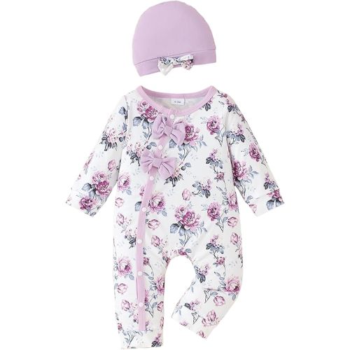 Mioglrie Newborn Baby Girl Clothes Long Sleeve Romper Infant Fall Winter Outfits Floral Hat Jumpsuit Preemie Girl Clothes