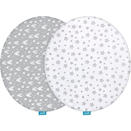 Bassinet Sheets Compatible with Fisher-Price On-The-Go Baby Dome, 2 Pack, 100% Jersey Knit Cotton Fitted Sheets, Breathable and Heavenly Soft, Grey Hearts and White Stars Print for Baby