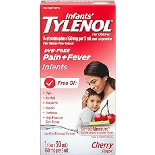 Tylenol Infants Oral Suspension Liquid Medicine with Acetaminophen, Baby Fever Reducer & Pain Reliever for Minor Aches & Pains, Sore Throat, Headache & Teething Pain, Dye-Free Cherry, 1 fl. oz