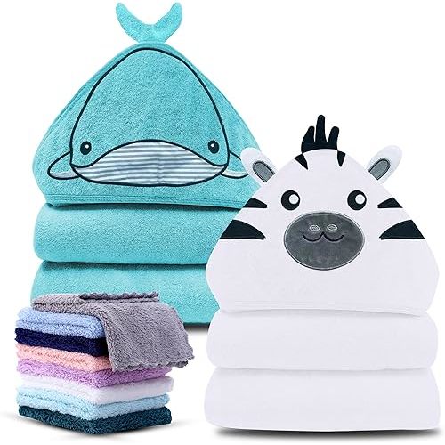 Cute Castle 2 Pack Hooded Baby Towel Rayon Made from Bamboo with 8 Washcloths - Soft Bath Towel for Bathtub for Babie, Newborn, Infant, Natural Baby Stuff Towel (Zebra and Whale)