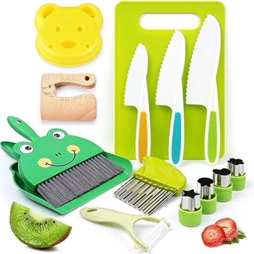 Montessori Kitchen Toys-14pcs Toddler Toys Kids Cooking Sets Real with Safe Knife Set Gift for 2-3-4-5-6-7-8 Years Old