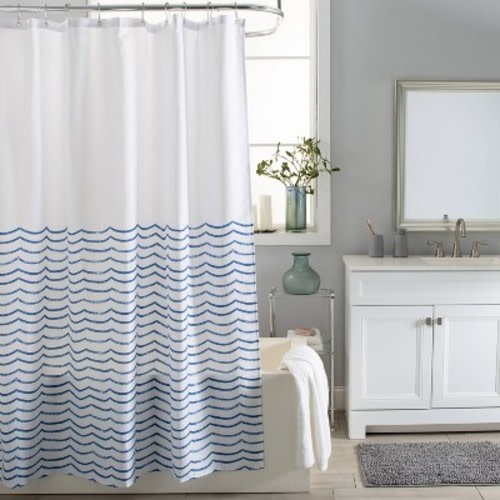 Waves Shower Curtain Dark Blue - Moda at Home: Polyester Fabric, Grommet Top, Machine Washable