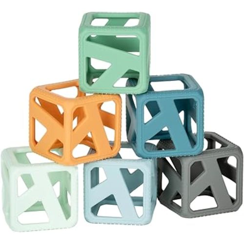 Malarkey Kids Stack N Chew - Mini Cubes Baby Chew Toy Monochrome - Develops Fine Motor Skills, Increases Grip Strength, Stimulates Hand-Eye Coordination (Earthy)