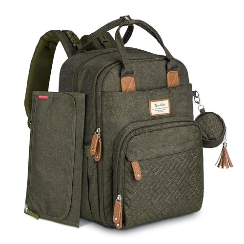 RUVALINO Diaper Bag Backpack - All-in-One Travel Backpack for Girls, Multifunction Waterproof Baby Bag for Moms with Changing Pad, Stroller Strap, Pacifier Case - Baby Essentials - Olive Green
