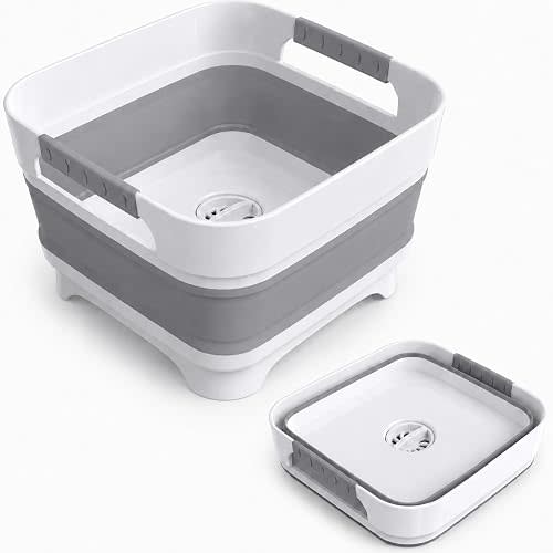 Collapsible Dish Basin with Drain Plug, 2.4 Gal 9L Foldable Wash Basin, Portable Sink Tub for Kitchen, Baby Bottles, Camping, RV, Vegetable Washing and Beverage Tub, Gray