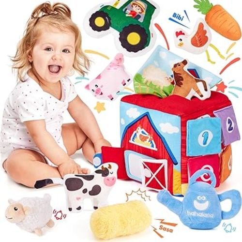 hahaland Baby Toys 6-12 Months - 13Pcs Surprise Developmental Box with Stuffed Farm Animals, Rattle, Crinkle Tissue, Squeaker, Mirror, Soft Activity Sensory Toy Montessori Toy for Babies
