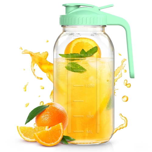 Glass Mason Jar Pitcher with Handle and Flip Cap 64 oz (2 Quart) Wide Mouth Water Pitcher with Pour Spout Lids Airtight Leak Proof, Juice, Milk, Tea, Iced Coffee, and Drinks, Green(1 Pack)