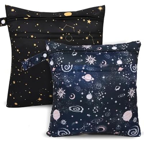 2pcs Cloth Diaper Wet Dry Bags, Waterproof Reusable Wet Bag with 2 Zipper Pockets & Handle, Washable Laundry Bags for Baby Adult Clothes Travel Beach Pool Daycare Yoga Gym Exercise Swimsuits,