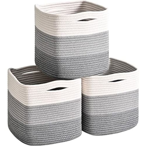 11 Inch Cube Storage Bins, Storage Cube Organizer Bins, Woven Cotton Rope Basket for Storage, Storage Baskets for Organizing Shelves, Grey Baskets for Toys, Gradient Grey (Pack of 3)