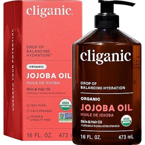 Cliganic Organic Jojoba Oil 16oz with Pump, 100% Pure | Bulk, Moisturizing Oil for Face, Hair, Skin & Nails | Natural Cold Pressed