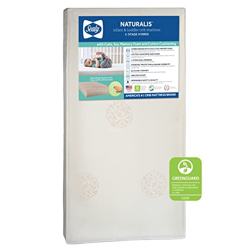 Sealy Naturalis Premium Hypoallergenic 2-Stage Dual Firm Waterproof Baby Crib Mattress & Toddler Bed Mattress, Non-Toxic Crib Mattress, Natural Cotton, Hybrid Coil & Memory Foam, Made in USA, 52"x28"