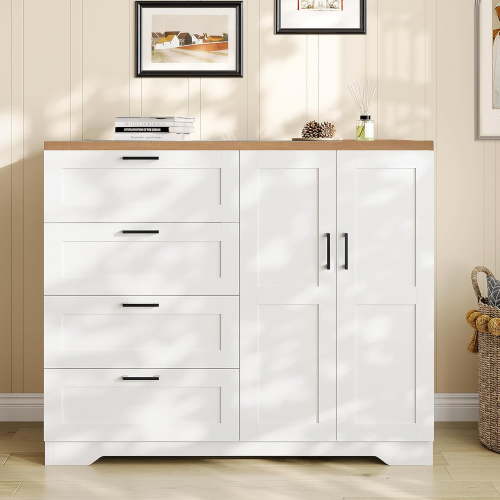 DSstyles Multifunctional Wooden Dresser for Bedroom, 43.3'' H 2 Door Wardrobe Armoire Closet with 4 Drawers and Hanging Rod, Low Storage Cabinet for Hanging Cloth, White and Brown