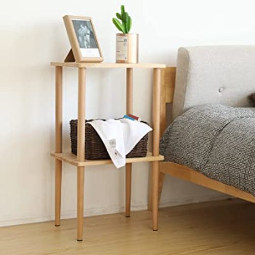 Solid Wood Side Table, 2-Tier Narrow End Table with Storage Shelves for Small Places, Tall Nightstand Bedside Table for Living Room Bedroom Office, No-Tool Assembly.